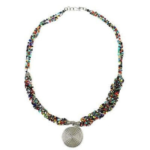 Single Spiral 'Elegance' Braided Multicolor Bead Necklace Handmade and Fair Trade
