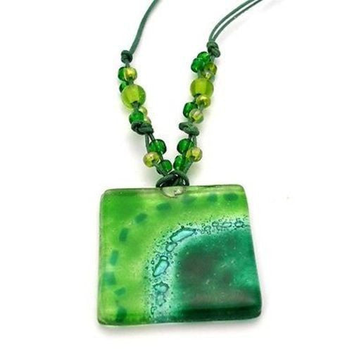 Emerald Sun Translucent Square Fused Glass Pendant Necklace Handmade and Fair Trade