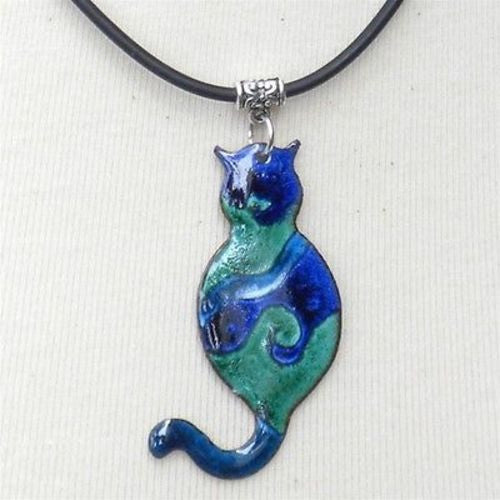 Enamel on Copper Cat Pendant Necklace Handmade and Fair Trade