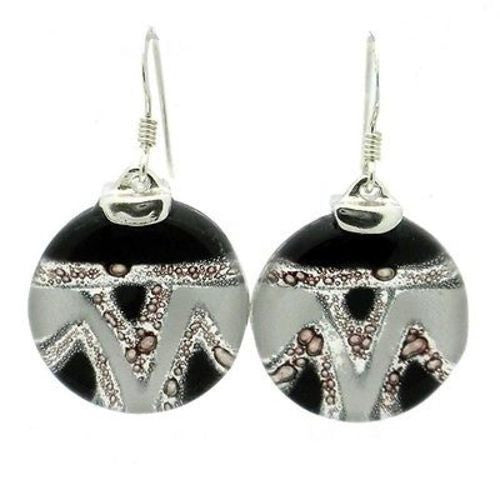 Aztec Black and White Round Glass Sterling Silver Earrings Handmade and Fair Trade