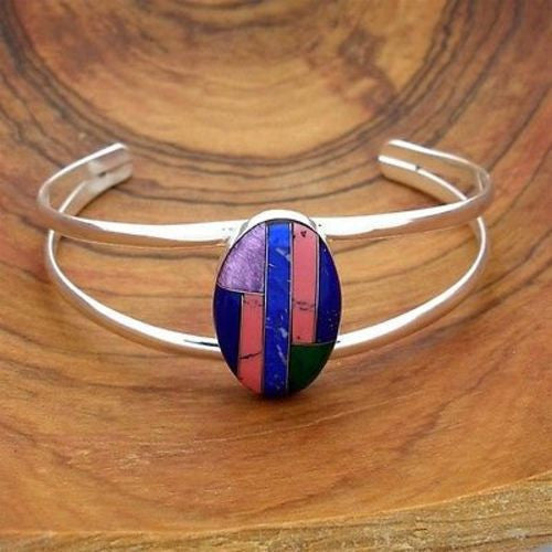 Alpaca Silver Oval Stone Mosaic Bracelet Handmade and Fair Trade