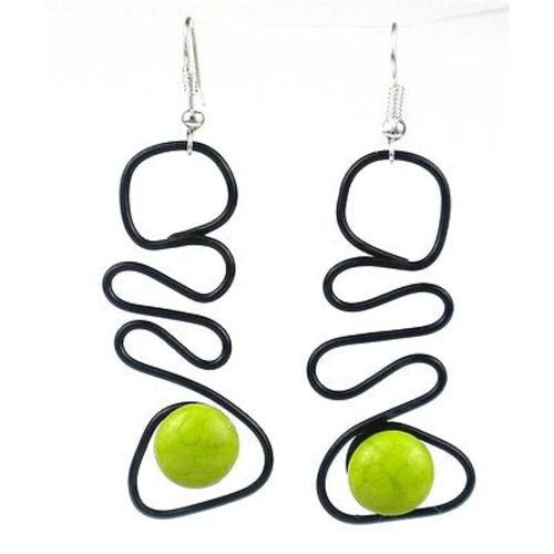 Enameled Wire and Green Glass Bead "Abstract" Earrings Handmade and Fair Trade