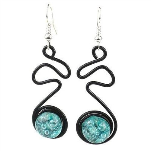 Enameled Wire and Aqua Glass Bead "Doodle" Earrings Handmade and Fair Trade