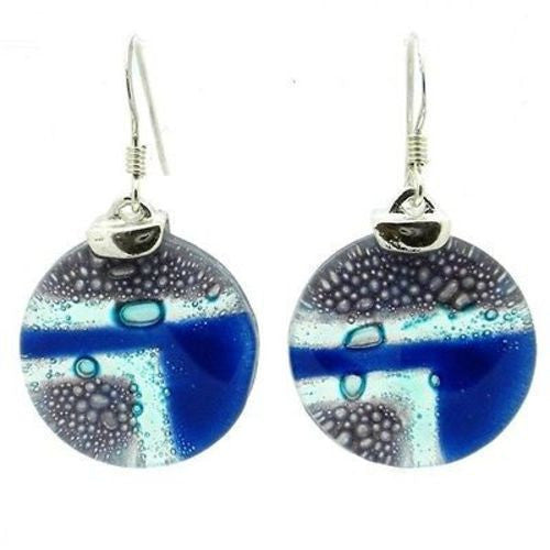 Blue Highway Round Fused Glass Earrings with Sterling Silver Handmade and Fair Trade
