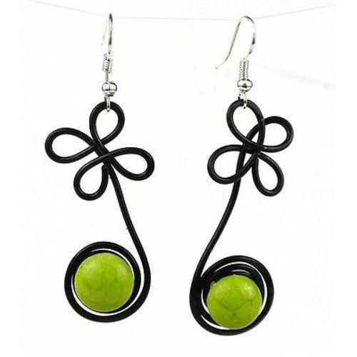Enameled Wire and Green Glass Bead "Sprout" Earrings Handmade and Fair Trade