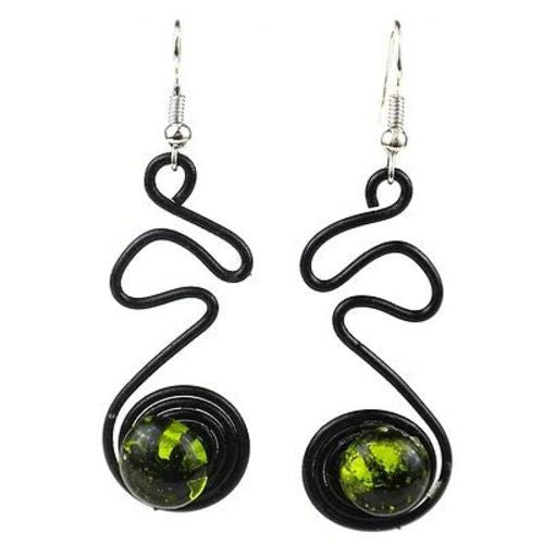 Enameled Wire and Green Glass Bead "Doodle" Earrings Handmade and Fair Trade