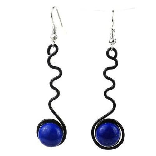 Enameled Wire and Blue Glass Bead "Squiggle" Earrings Handmade and Fair Trade