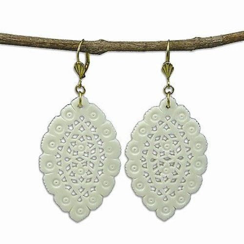 Lacy Leaf-Shaped Carved Bone Earrings - Natural Handmade and Fair Trade