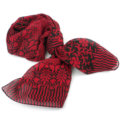 Deep Red and Black Floral Cotton Scarf Handmade and Fair Trade