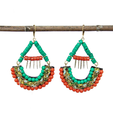 Turquoise and Coral Kantha Earrings Handmade and Fair Trade