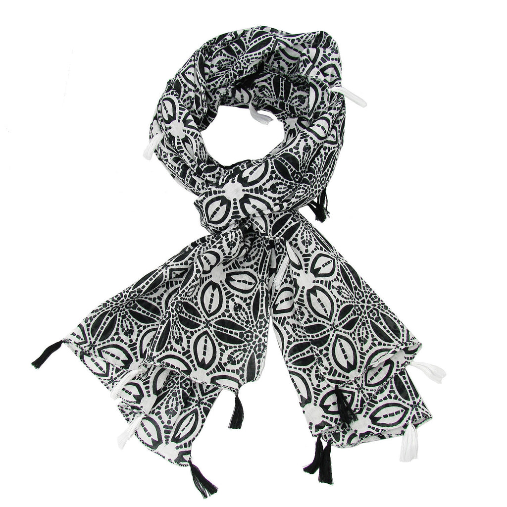 Black and White Symmetry Scarf with Tassels Handmade and Fair Trade
