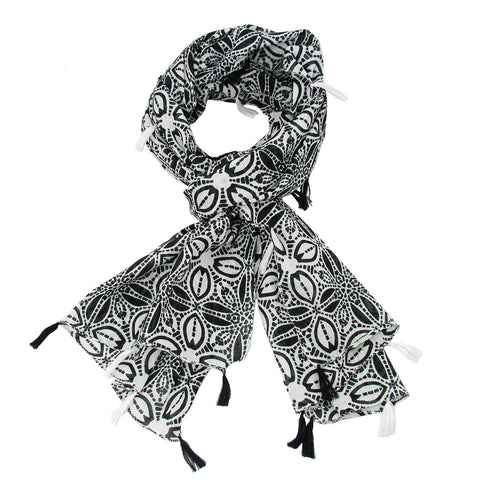 Black and White Symmetry Scarf with Tassels Handmade and Fair Trade