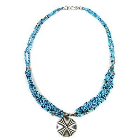 Single Spiral 'Elegance' Braided Blue Bead Necklace Handmade and Fair Trade