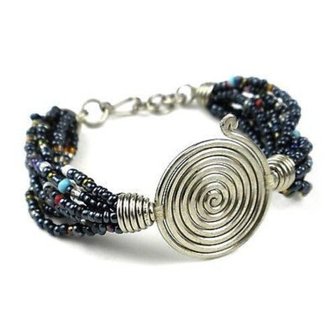 Single Spiral 'Progress' Black Beaded Bracelet Handmade and Fair Trade