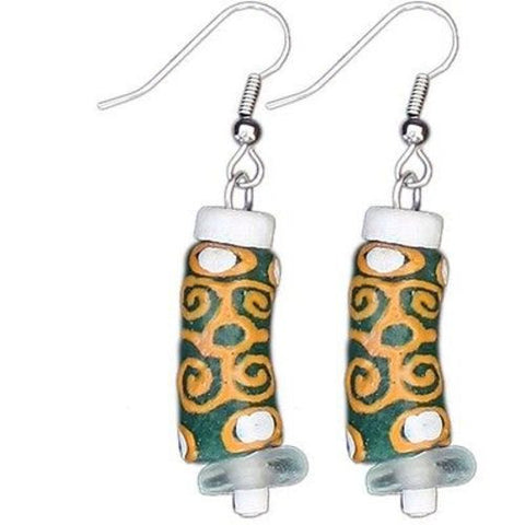 Recycled Glass Adinkra-Strength Earrings in Green Handmade and Fair Trade