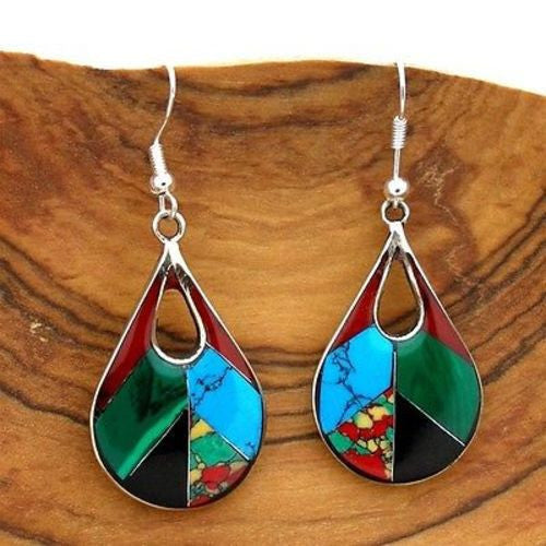 Open Alpaca Silver Teardrop Diagonal Mosaic Stone Earrings Handmade and Fair Trade