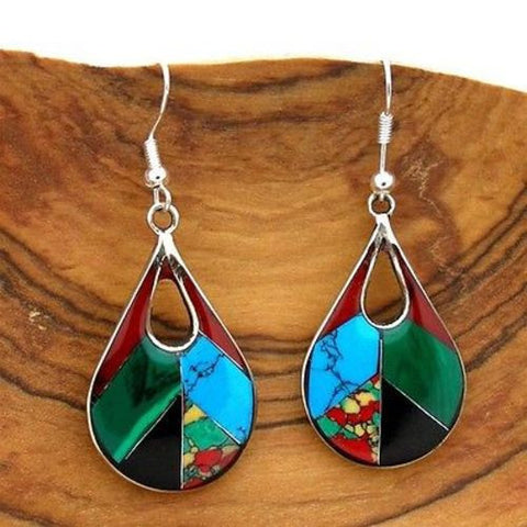 Open Alpaca Silver Teardrop Diagonal Mosaic Stone Earrings Handmade and Fair Trade