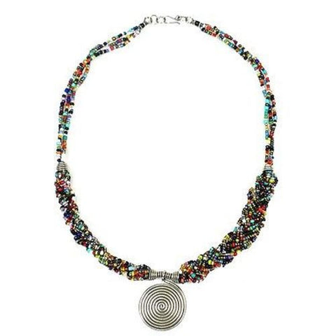 Single Spiral 'Elegance' Braided Multicolor Bead Necklace Handmade and Fair Trade