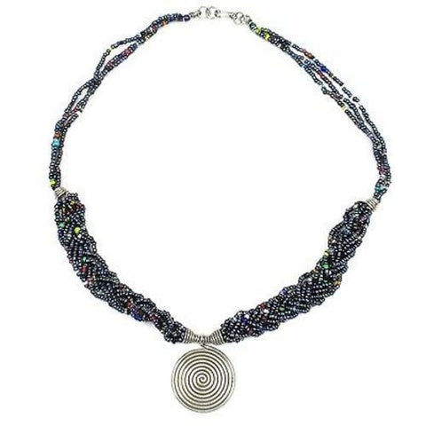 Single Spiral 'Elegance' Braided Black Bead Necklace Handmade and Fair Trade