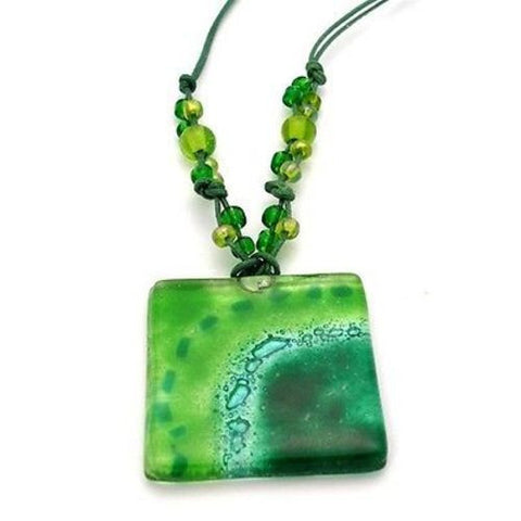 Emerald Sun Translucent Square Fused Glass Pendant Necklace Handmade and Fair Trade