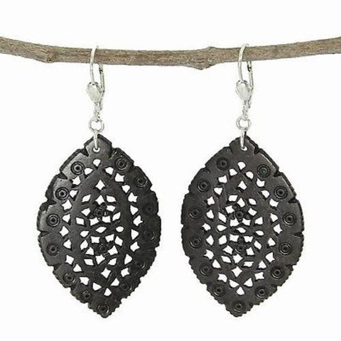 Lacy Leaf-Shaped Carved Bone Earrings - Black Handmade and Fair Trade