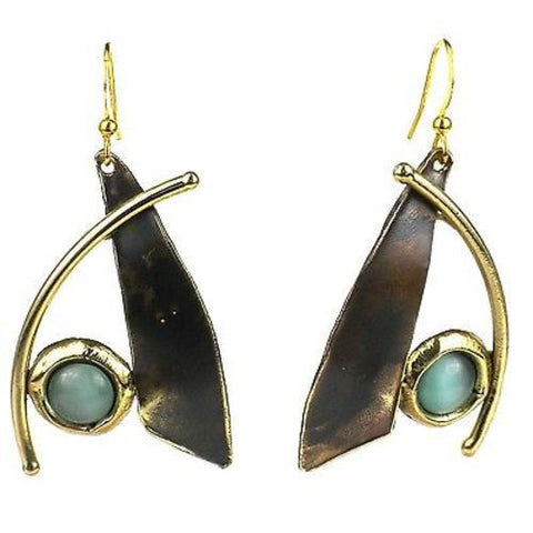 Blade and Aqua Tiger Eye Brass Earrings Handmade and Fair Trade