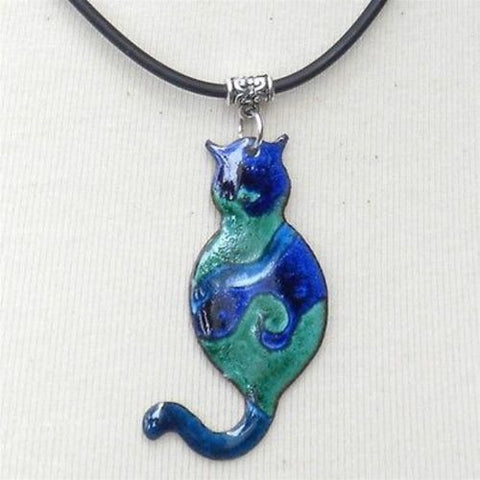 Enamel on Copper Cat Pendant Necklace Handmade and Fair Trade