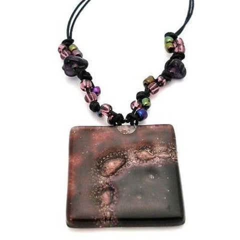 Ripe Plum Translucent Square Fused Glass Pendant Necklace Handmade and Fair Trade