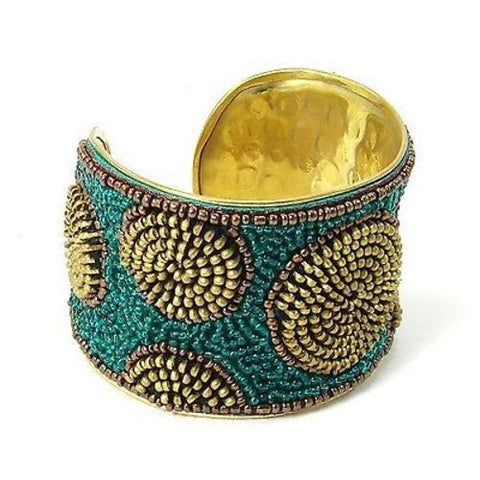 Zipper Beaded Cuff in Gold and Teal Handmade and Fair Trade