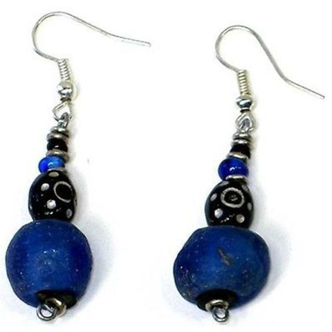 Handcrafted Vintage Blue Glass Bead Earrings - Kenya