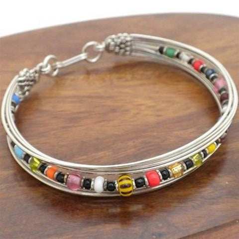 Silverplated Wire and Colorful Bead Bracelet Handmade and Fair Trade