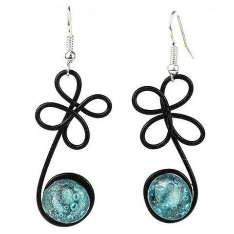Enameled Wire and Aqua Glass Bead "Sprout" Earrings Handmade and Fair Trade