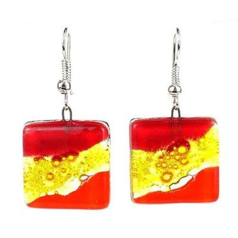Red Wave Square Fused Glass Earrings Handmade and Fair Trade