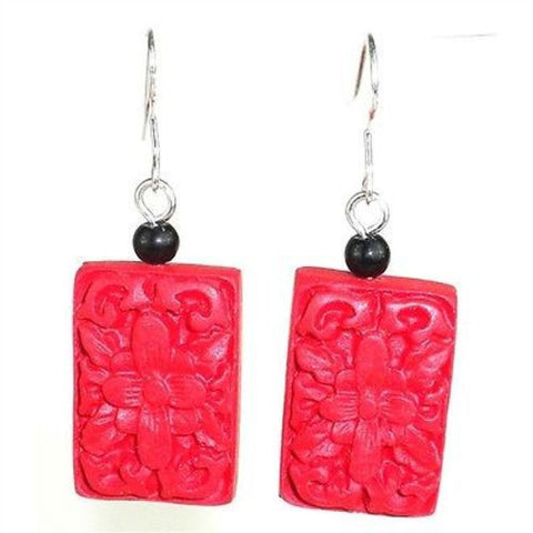 Large Carved Red Wood Bead Earrings Handmade and Fair Trade