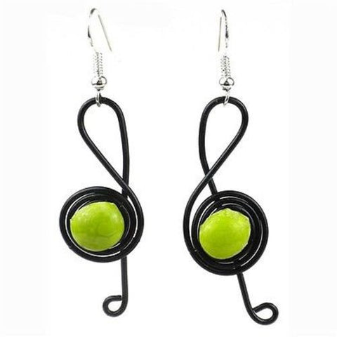 Enameled Wire and Green Glass Bead "G-clef" Earrings Handmade and Fair Trade