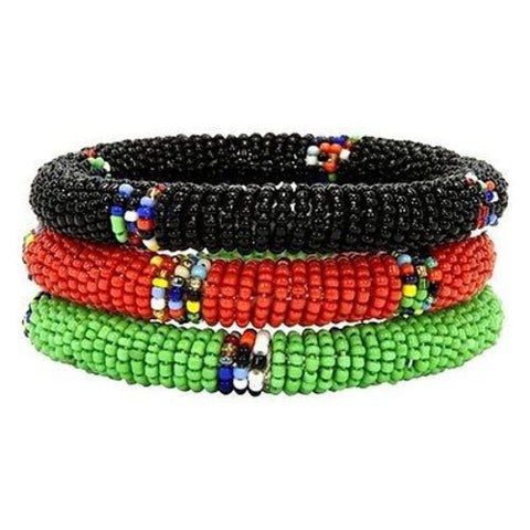 Maasai Bangles - Set of Three - Green, Red & Black Handmade and Fair Trade