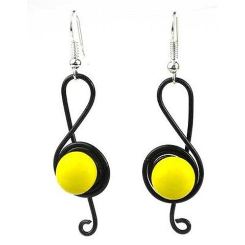 Enameled Wire and Yellow Glass Bead "G-clef" Earrings Handmade and Fair Trade