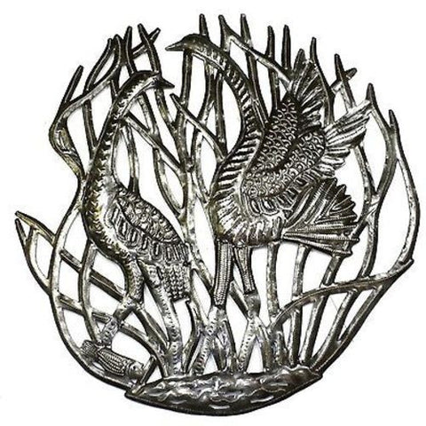 Two Cranes in Reeds Metal Wall Art 24-inch Diameter Handmade and Fair Trade