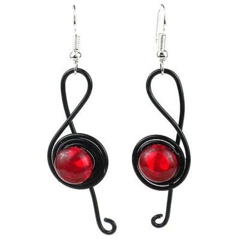 Enameled Wire and Red Glass Bead "G-clef" Earrings Handmade and Fair Trade