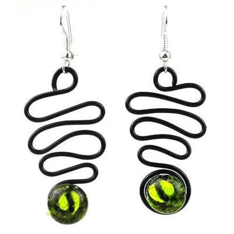 Enameled Wire and Green Glass Bead "Lombard" Earrings Handmade and Fair Trade
