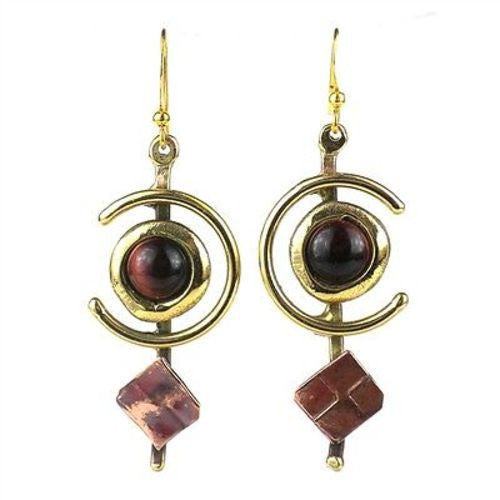 Earthy Red Tiger Eye "C" Brass and Copper Earrings Handmade and Fair Trade