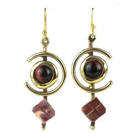Earthy Red Tiger Eye "C" Brass and Copper Earrings Handmade and Fair Trade