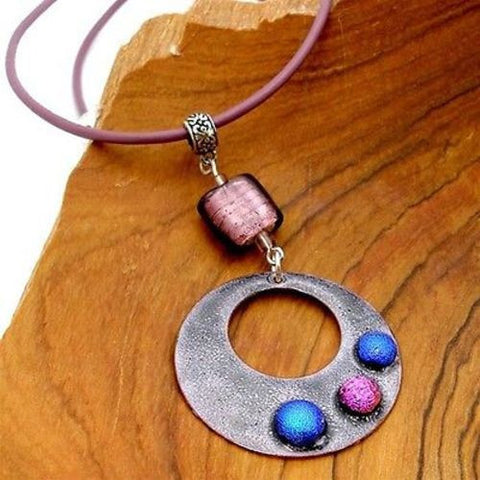 Dichroic Glass Dots on  Enamel Copper Necklace  Purple Handmade and Fair Trade