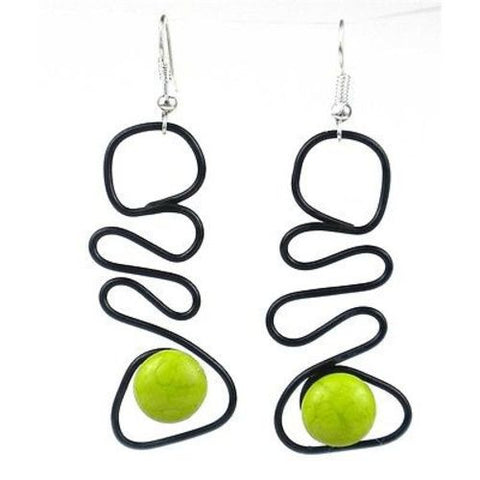 Enameled Wire and Green Glass Bead "Abstract" Earrings Handmade and Fair Trade