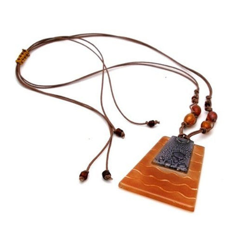 White Waves on Caramel Fused Glass Trapezoid Necklace - Tili Glass