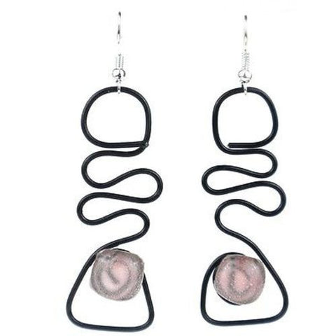 Enameled Wire and Pink Glass Bead "Abstract" Earrings Handmade and Fair Trade