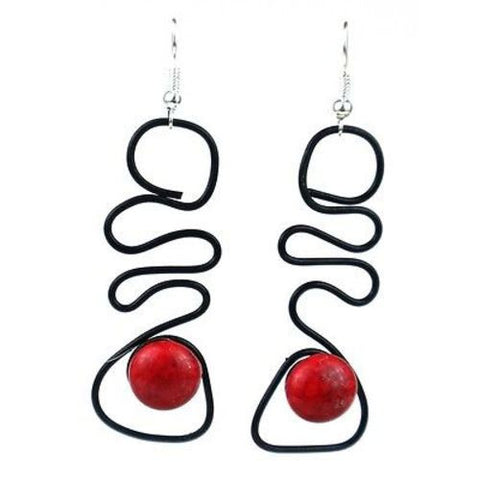 Enameled Wire and Red Glass Bead "Abstract" Earrings Handmade and Fair Trade