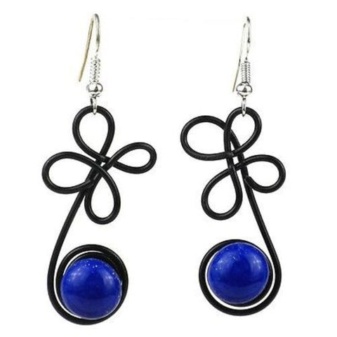 Enameled Wire and Blue Glass Bead "Sprout" Earrings Handmade and Fair Trade