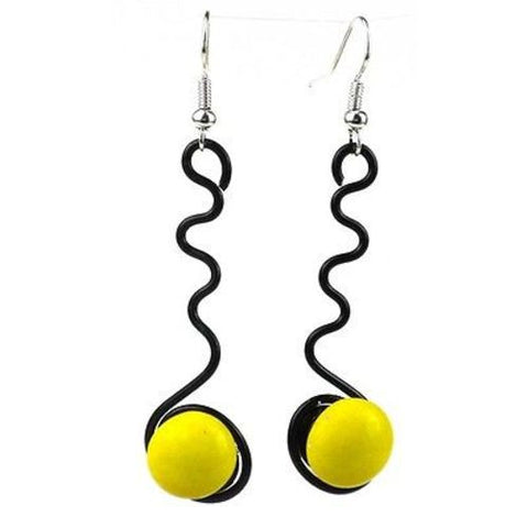 Enameled Wire and Yellow Glass Bead "Squiggle" Earrings Handmade and Fair Trade