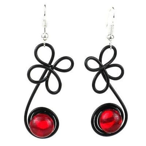 Enameled Wire and Red Glass Bead "Sprout" Earrings Handmade and Fair Trade